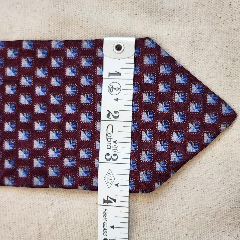 Ermenegildo Zegna Men's Silk Tie Burgundy Blue Geometric Square Pattern Italy